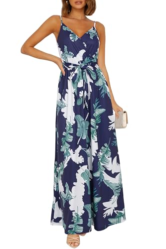 OUGES Sommerkleid Damen Maxikleider Elegant Freizeitkleid Lang Ärmellos Kleider Blumenkleid Trägerkleid Strandkleid Mit Taschen(Blumen02-OE442,M) von OUGES