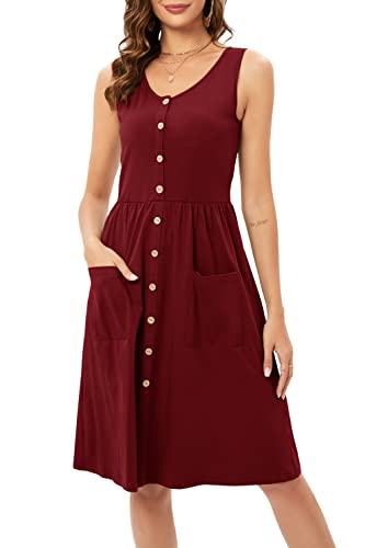 OUGES Damen Sommer Frühlingskleid Ärmelloses V-Ausschnitt Button Down Midikleid mit Taschen(Weinrot,S) von OUGES