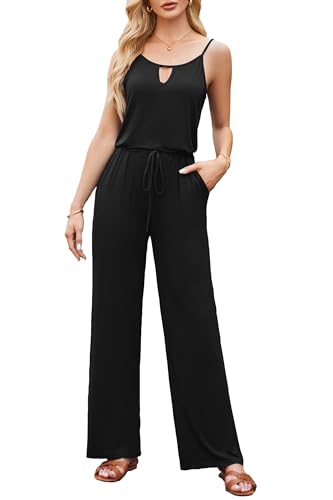 OUGES Damen Sommer Jumpsuit Ärmellos Overall Lang Hosenanzug Playsuit CasualRomper mit Taschen(Schwarz,M) von OUGES