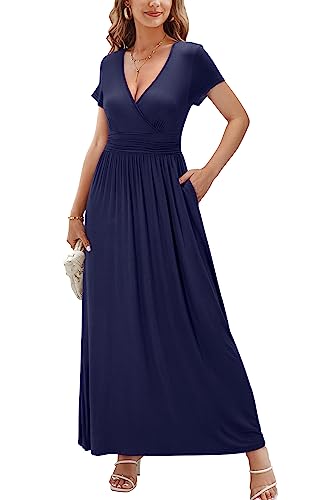 OUGES Sommerkleid Damen Kurzarm V-Ausschnitt Kleider Casual Langes Kleid Maxikleid mit Taschen(Navy blau394, L) von OUGES
