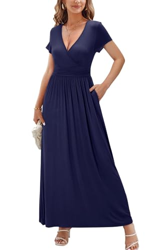 OUGES Sommerkleid Damen Kurzarm V-Ausschnitt Kleider Casual Boho Kleid Maxikleid mit Taschen Partykleid(Navy blau394, L) von OUGES
