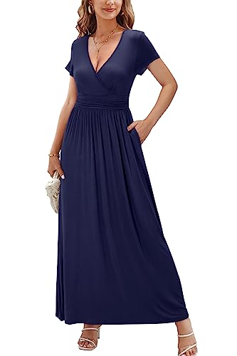 OUGES Sommerkleid Damen Kurzarm V-Ausschnitt Kleider Casual Boho Kleid Maxikleid mit Taschen Partykleid(Navy blau394, XL) von OUGES