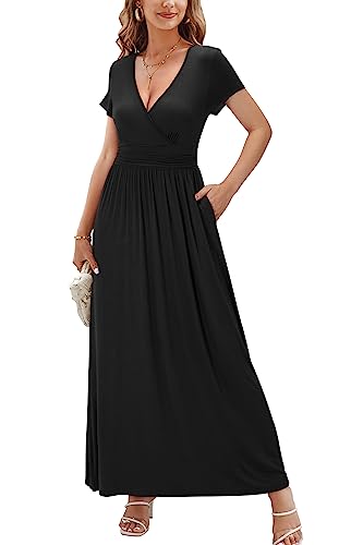 OUGES Sommerkleid Damen Kurzarm V-Ausschnitt Kleider Casual Boho Kleid Maxikleid mit Taschen Partykleid(Schwarz394, L) von OUGES