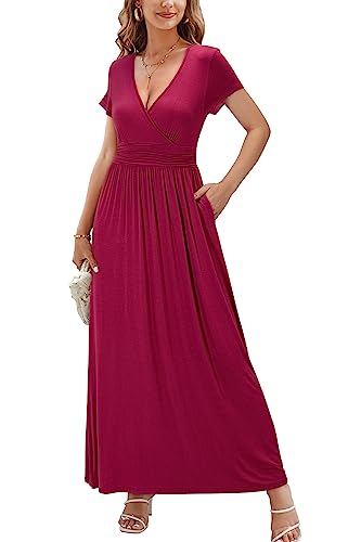 OUGES Sommerkleid Damen Kurzarm V-Ausschnitt Kleider Casual Langes Kleid Maxikleid mit Taschen(Wine394, S) von OUGES