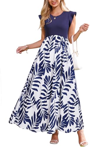 OUGES Damen Sommer Lang Maxikleid Elegant Freizeitkleid Ärmellos Kleider mit Taschen(Floral H,XXL) von OUGES