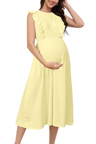 OUGES Damen Sommer Stillkleid Geraffte Reißverschluss Hohe Taille Maix Umstandskleider Ärmellos eine Linie Casual Kleider für Schwangere(Hellgelb,L) von OUGES
