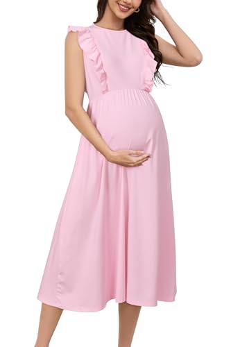 OUGES Damen Sommer Stillkleid Geraffte Reißverschluss Hohe Taille Maix Umstandskleider Ärmellos eine Linie Casual Kleider für Schwangere(Hellrosa,XXL) von OUGES