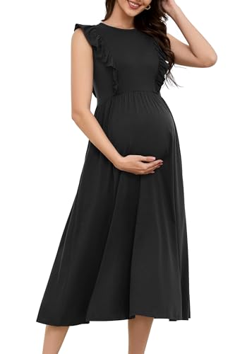 OUGES Damen Sommer Stillkleid Geraffte Reißverschluss Hohe Taille Maix Umstandskleider Ärmellos eine Linie Casual Kleider für Schwangere(Schwarz,M) von OUGES