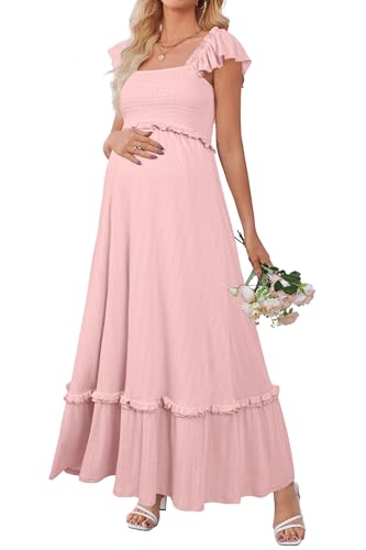 OUGES Damen Sommer Stillkleid Quadratischer Hals Ärmellos Maxi Umstandskleid für Babyparty Fotografie Kleider für Schwangere(Pink,S) von OUGES