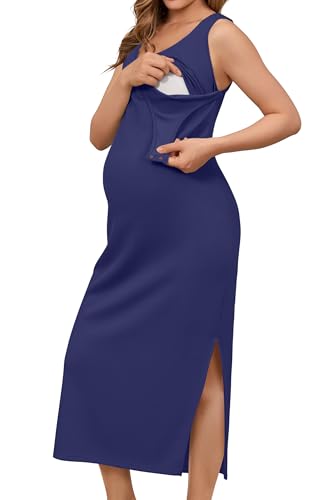 OUGES Damen Sommer Stillkleid Split Lang Umstandskleid Ärmellos Bodycon Scoop Neck Kleider für Schwangere(Marine, M) von OUGES