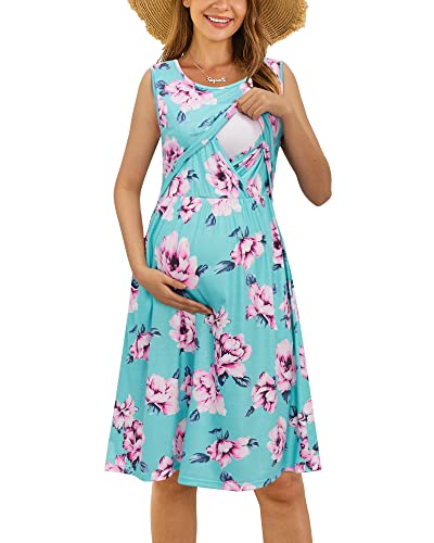 OUGES Damen Sommer Umstandskleid Ärmellos Stillkleid Lässiges Schwangere Kleider Baumwolle mit Taschen（Floral01，L） von OUGES