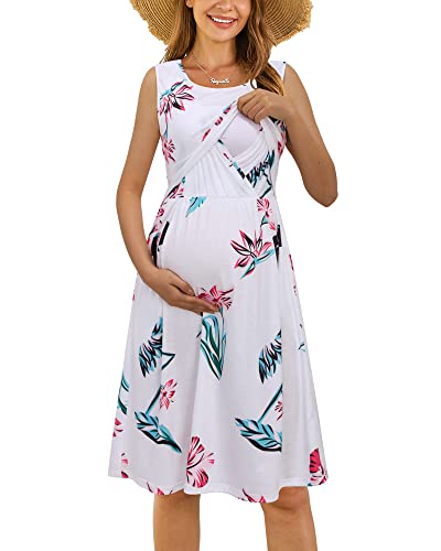 OUGES Damen Sommer Umstandskleid Ärmellos Stillkleid Lässiges Schwangere Kleider Baumwolle mit Taschen（Floral02，XXL） von OUGES