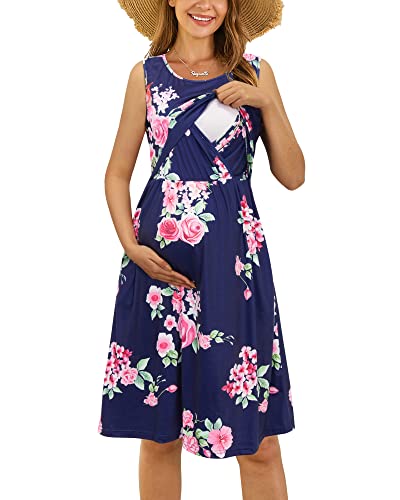 OUGES Damen Sommer Umstandskleid Ärmellos Stillkleid Lässiges Schwangere Kleider Baumwolle mit Taschen（Floral03，XL） von OUGES