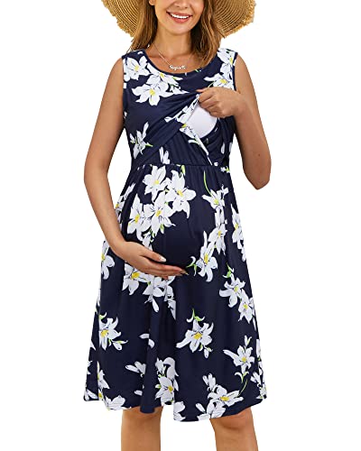 OUGES Damen Sommer Umstandskleid Ärmellos Stillkleid Lässiges Schwangere Kleider Baumwolle mit Taschen（Floral06，L） von OUGES