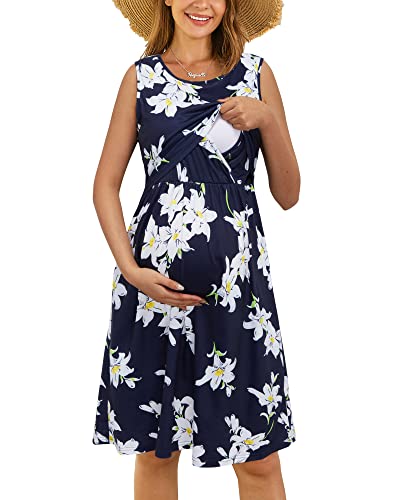 OUGES Damen Sommer Umstandskleid Ärmellos Stillkleid Lässiges Schwangere Kleider Baumwolle mit Taschen（Floral06，M） von OUGES