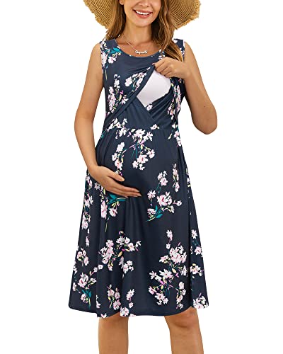 OUGES Damen Sommer Umstandskleid Ärmellos Stillkleid Lässiges Schwangere Kleider Baumwolle mit Taschen（Floral11，L） von OUGES