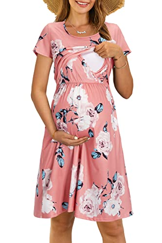 OUGES Damen Sommer Umstandskleid Kurzarm Stillkleid Lässiges Schwangere Kleider Baumwolle mit Taschen(Kurzarm-floral01,XL) von OUGES