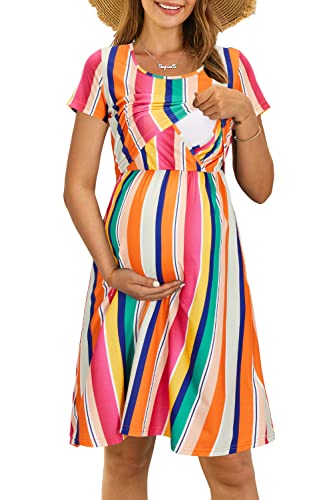 OUGES Damen Sommer Umstandskleid Kurzarm Stillkleid Lässiges Schwangere Kleider Baumwolle mit Taschen(Kurzarm-floral02,S) von OUGES