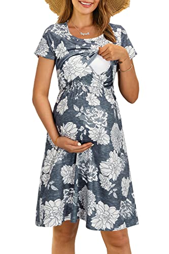 OUGES Damen Sommer Umstandskleid Kurzarm Stillkleid Lässiges Schwangere Kleider Baumwolle mit Taschen(Kurzarm-floral03,S) von OUGES