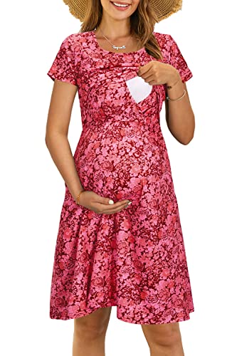 OUGES Damen Sommer Umstandskleid Kurzarm Stillkleid Lässiges Schwangere Kleider Baumwolle mit Taschen(Kurzarm-floral04,XXL) von OUGES