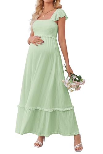 OUGES Damen Sommer Umstandskleid lang Versteckten Reißverschluss Stillkleid Lässig Ärmellos Festliche Umstandsmode(Hellgrün,M) von OUGES