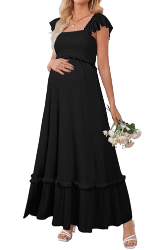 OUGES Damen Sommer Umstandskleid lang Versteckten Reißverschluss Stillkleid Lässig Ärmellos Festliche Umstandsmode(Schwarz,L) von OUGES