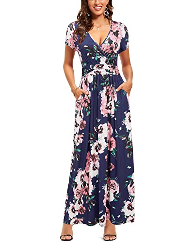 OUGES Sommerkleid Damen Kurzarm V-Ausschnitt Kleid Hochzeitsgast Maxikleid mit Taschen (Floral-7, L) von OUGES