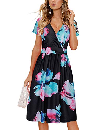 OUGES Damen Sommerkleid Kurzarm V-Ausschnitt Knielang Blumenmuster Midi Kleid mit Taschen（Floral06, XXL） von OUGES