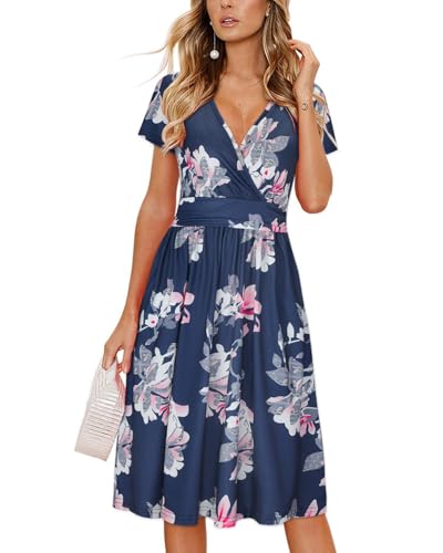 OUGES Damen Sommerkleid Kurzarm V-Ausschnitt Knielang Blumenmuster Midi Kleid mit Taschen（Floral17, S） von OUGES