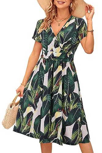 OUGES Damen Sommerkleid Kurzarm V-Ausschnitt Knielang Blumenmuster Midi Kleid mit Taschen（FloralW, L） von OUGES