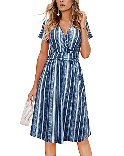 OUGES Damen Sommerkleid Kurzarm V-Ausschnitt Knielang Blumenmuster Midi Kleid mit Taschen(FloralZ18-419,S) von OUGES