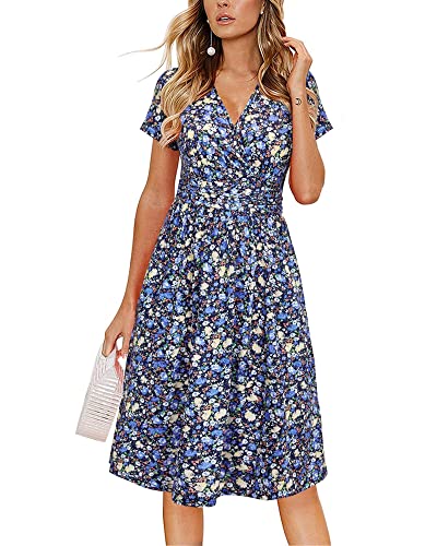 OUGES Damen Sommerkleid Kurzarm V-Ausschnitt Knielang Blumenmuster Midi Kleid mit Taschen(FloralZ19-419,S) von OUGES