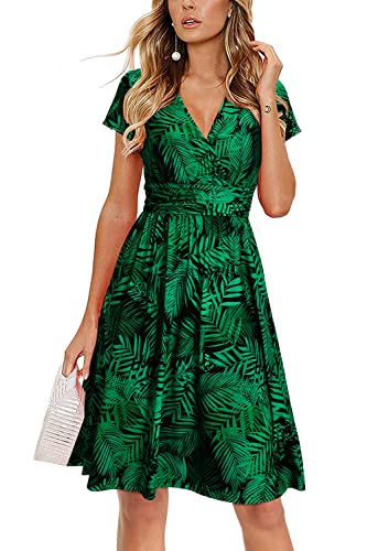 OUGES Damen Sommerkleid Kurzarm V-Ausschnitt Knielang Blumenmuster Midi Kleid mit Taschen(FloralZ28-419,XL) von OUGES