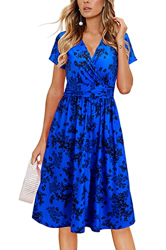 OUGES Damen Sommerkleid Kurzarm V-Ausschnitt Knielang Blumenmuster Midi Kleid mit Taschen(Floralz24-419, M) von OUGES