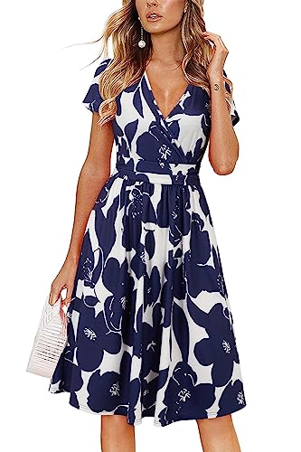 OUGES Damen Sommerkleid Kurzarm V-Ausschnitt Knielang Blumenmuster Midi Kleid mit Taschen(FloralZ30-419,L) von OUGES