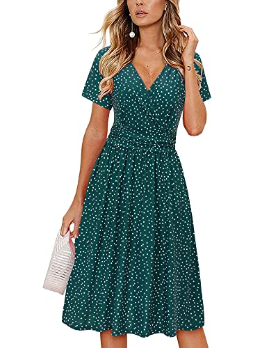 OUGES Damen Sommerkleid Kurzarm V-Ausschnitt Knielang Blumenmuster Midi Kleid mit Taschen（Grün Gepunktet, M） von OUGES