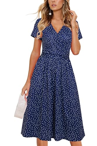 OUGES Damen Sommerkleid Kurzarm V-Ausschnitt Knielang Blumenmuster Midi Kleid mit Taschen(FloralZ34-419,M) von OUGES