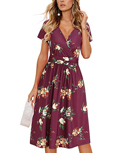 OUGES Damen Sommerkleid Kurzarm V-Ausschnitt Knielang Blumenmuster Midi Kleid mit Taschen(FloralR, XXL) von OUGES
