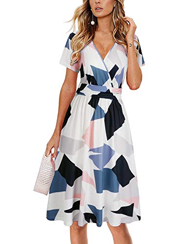 OUGES Damen Sommerkleid Kurzarm V-Ausschnitt Knielang Blumenmuster Midi Kleid mit Taschen（FloralY, L） von OUGES