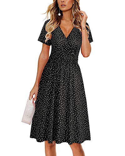 OUGES Damen Sommerkleid Kurzarm V-Ausschnitt Knielang Blumenmuster Midi Kleid mit Taschen（Ploka Dot, L） von OUGES