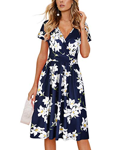 OUGES Damen Sommerkleid Kurzarm V-Ausschnitt Knielang Blumenmuster Midi Kleid mit Taschen(Floral01, S) von OUGES