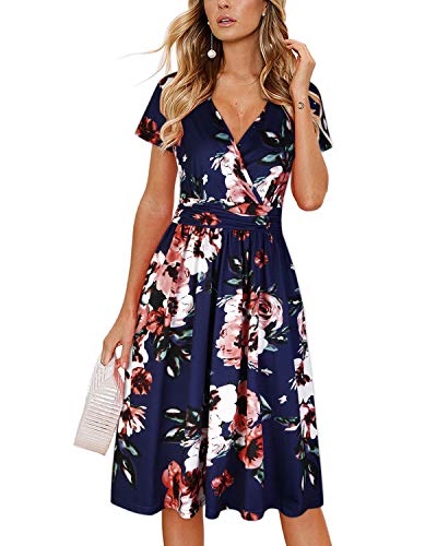 OUGES Damen Sommerkleid Kurzarm V-Ausschnitt Knielang Blumenmuster Midi Kleid mit Taschen(Floral02, M) von OUGES