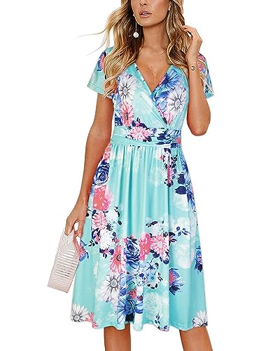 OUGES Damen Sommerkleid Kurzarm V-Ausschnitt Knielang Blumenmuster Midi Kleid mit Taschen（Floral03, L） von OUGES