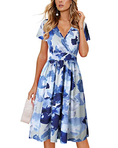 OUGES Damen Sommerkleid Kurzarm V-Ausschnitt Knielang Blumenmuster Midi Kleid mit Taschen（Floral16, L） von OUGES