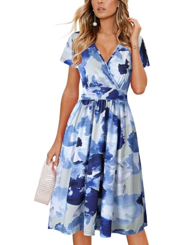 OUGES Damen Sommerkleid Kurzarm V-Ausschnitt Knielang Blumenmuster Midi Kleid mit Taschen(Floral16, M) von OUGES