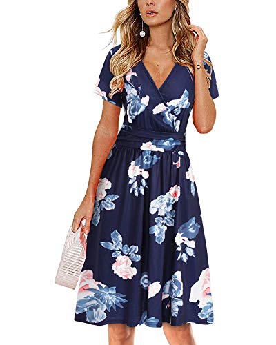 OUGES Damen Sommerkleid Kurzarm V-Ausschnitt Knielang Blumenmuster Midi Kleid mit Taschen（Floral17, XL） von OUGES
