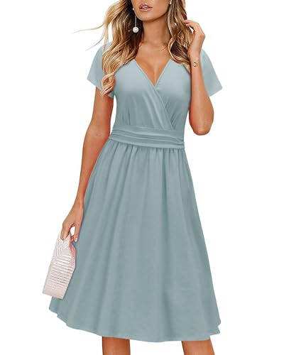 OUGES Damen Sommerkleid Kurzarm V-Ausschnitt Knielang Midi Kleid mit Taschen（Blau, L） von OUGES