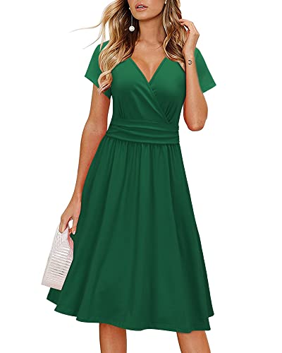 OUGES Damen Sommerkleid Kurzarm V-Ausschnitt Knielang Midi Kleid mit Taschen（Grün, S） von OUGES