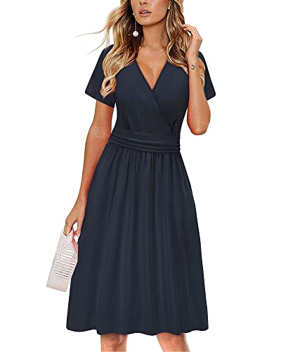 OUGES Damen Sommerkleid Kurzarm V-Ausschnitt Knielang Midi Kleid mit Taschen（Marine, XXL） von OUGES