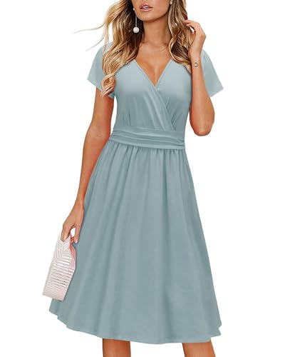 OUGES Damen Sommerkleid Kurzarm V-Ausschnitt Knielang Midi Kleid mit Taschen(Blau, S) von OUGES